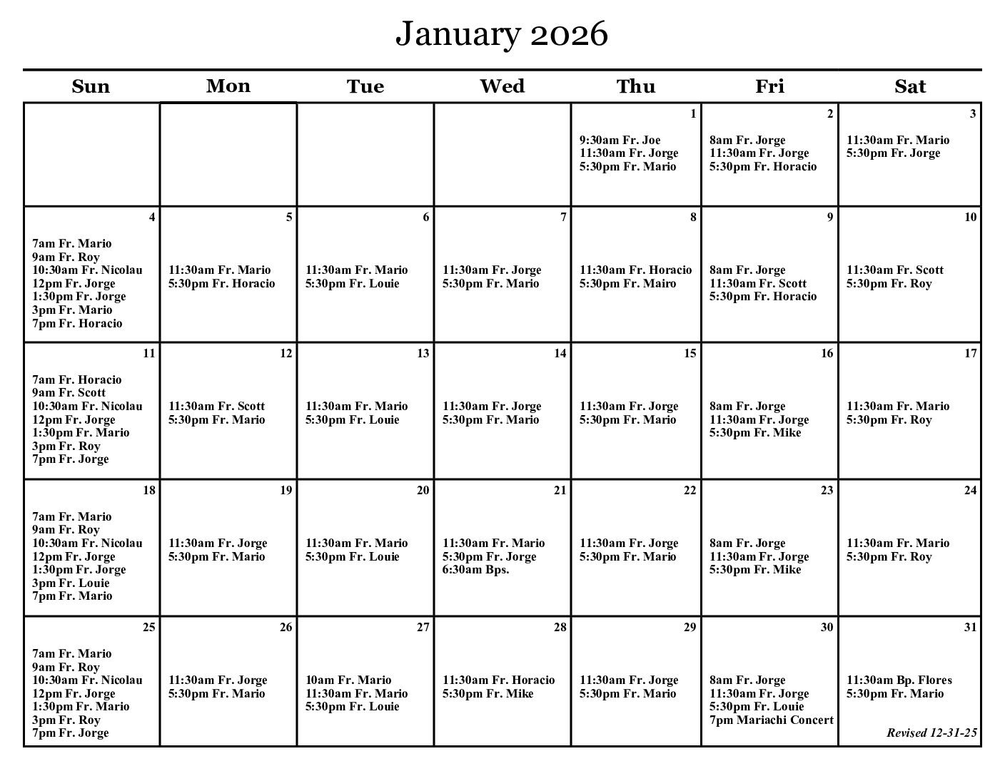 January Mass Schedule / Horario de Misas para Enero