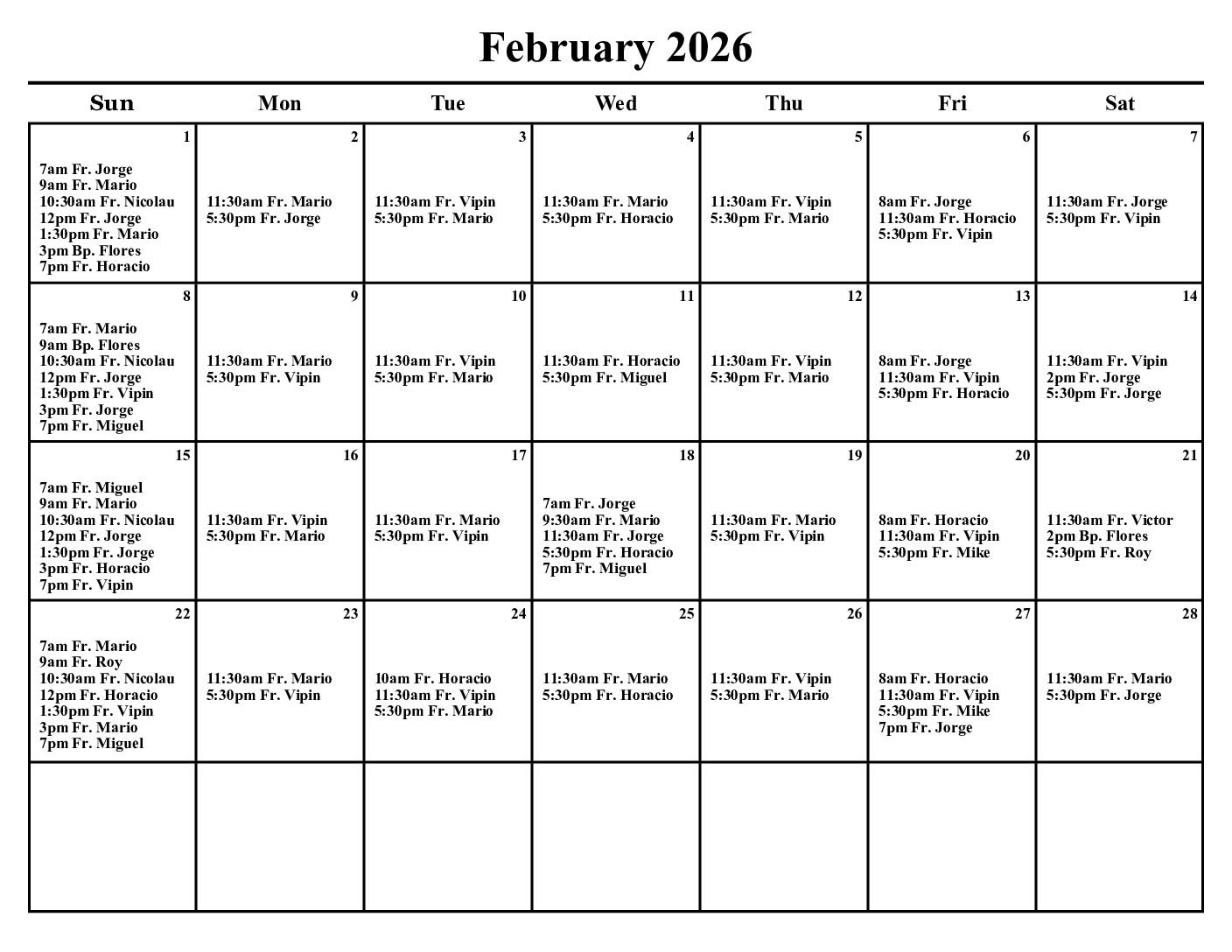 February Mass Schedule / Horario de Misas para Febrero