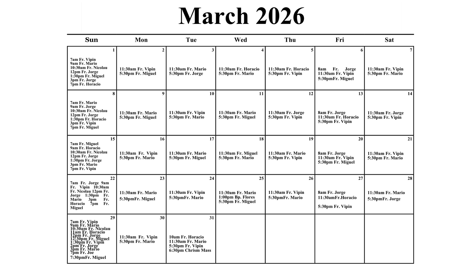 March 2026 Mass Schedule | Horario de Misas de Marzo 2026