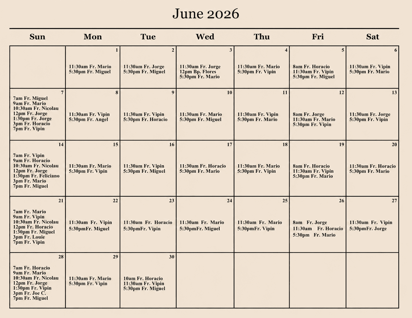 June 2026 Mass Schedule