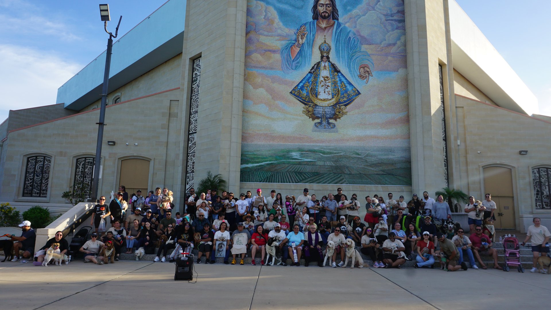 Families and their pets gathered in front of the Basilica for the first Annual Pet Walk in 2026.